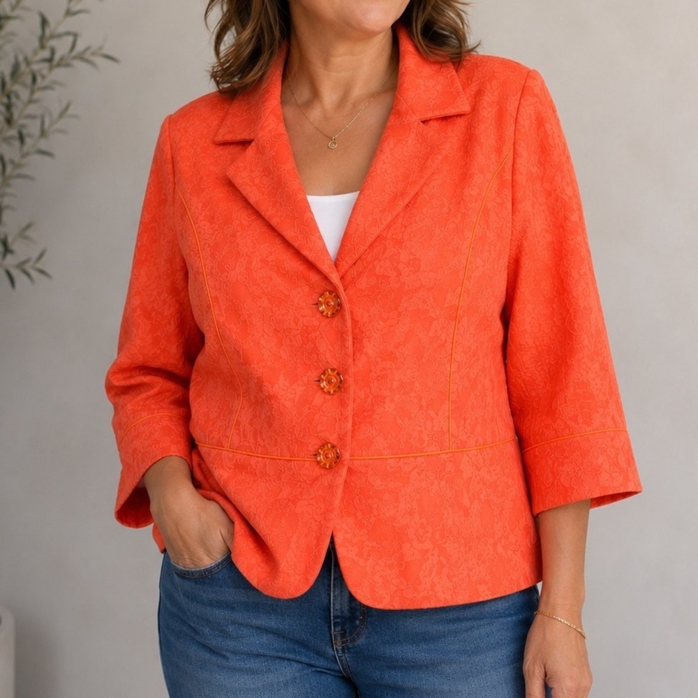 Women's Cropped Jacquard Blazer Size 14 Coral Floral Textured Career Jacket
